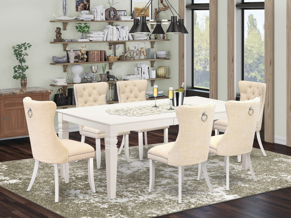 East West Furniture LGDA7-LWH-32 7 Piece Dinette Set Contains a Rectangle Dining Table with Butterfly Leaf and 6 Upholstered Chairs, 42x84 Inch, linen white