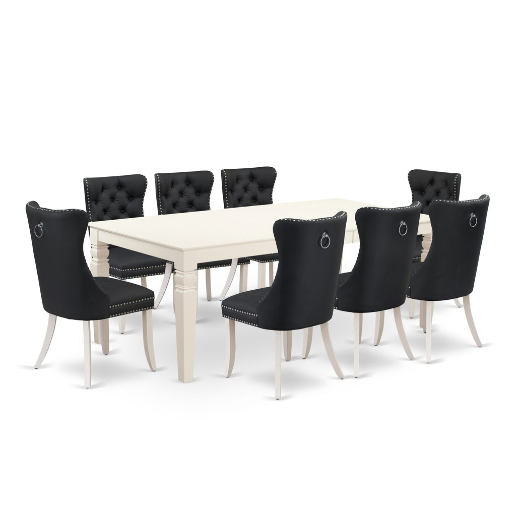East West Furniture LGDA9-LWH-12 9 Piece Dining Table Set Contains a Rectangle Kitchen Table with Butterfly Leaf and 8 Upholstered Parson Chairs, 42x84 Inch, linen white