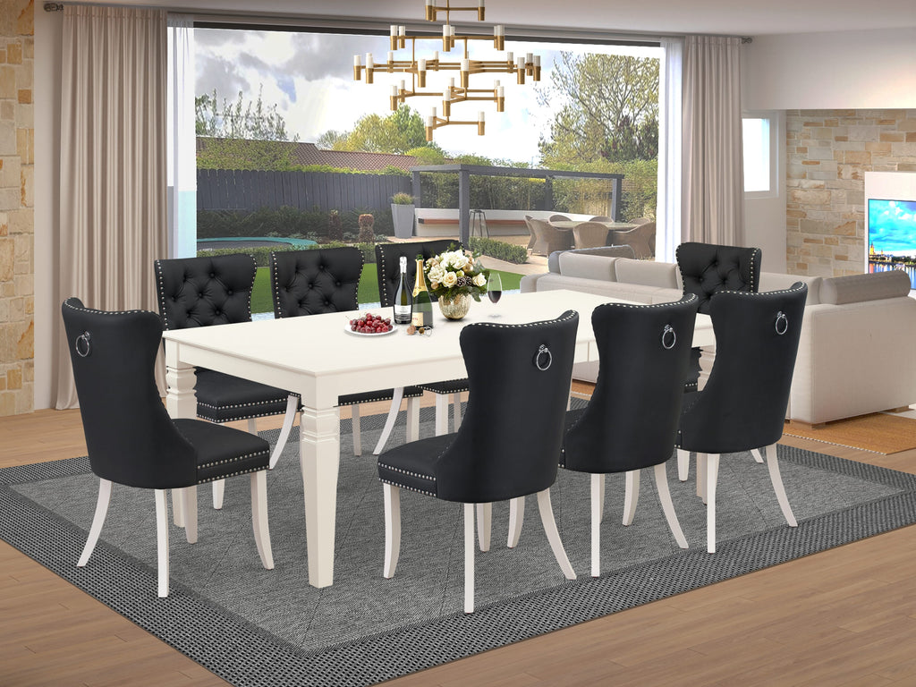 East West Furniture LGDA9-LWH-12 9 Piece Dining Table Set Contains a Rectangle Kitchen Table with Butterfly Leaf and 8 Upholstered Parson Chairs, 42x84 Inch, linen white