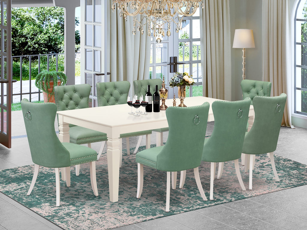 East West Furniture LGDA9-LWH-22 9 Piece Dining Room Set Consists of a Rectangle Dining Table with Butterfly Leaf and 8 Upholstered Parson Chairs, 42x84 Inch, linen white