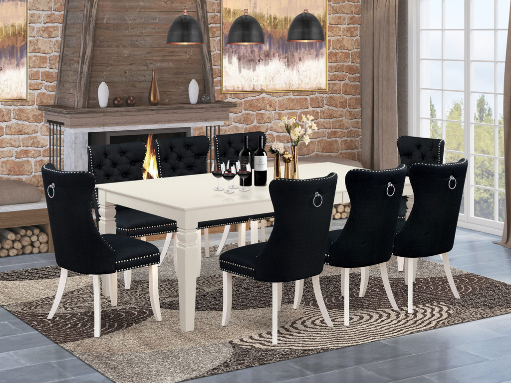East West Furniture LGDA9-LWH-24 9 Piece Dinette Set Includes a Rectangle Dining Table with Butterfly Leaf and 8 Padded Chairs, 42x84 Inch, linen white