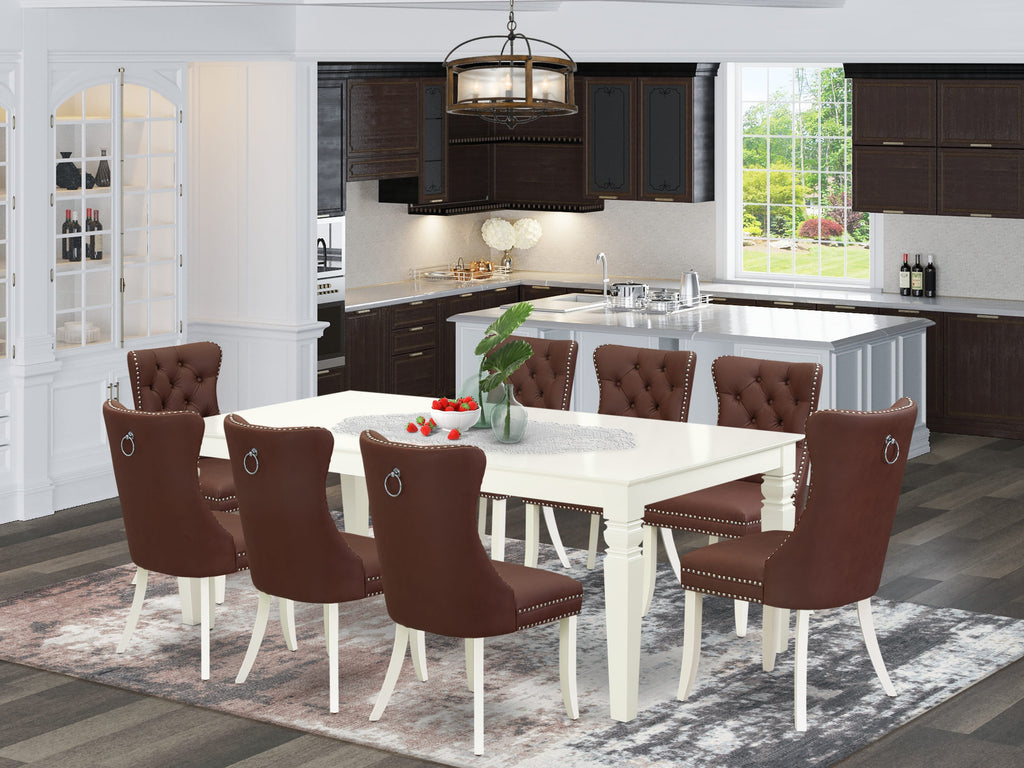East West Furniture LGDA9-LWH-26 9 Piece Kitchen Table Set Consists of a Rectangle Dining Table with Butterfly Leaf and 8 Upholstered Parson Chairs, 42x84 Inch, linen white