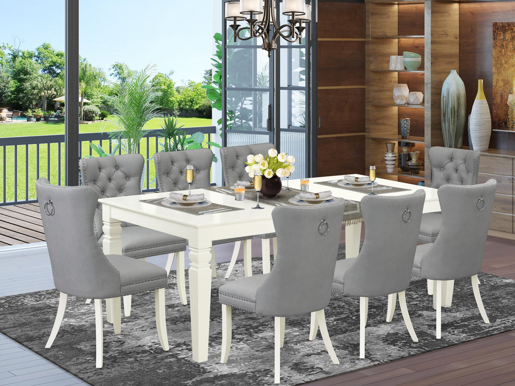 East West Furniture LGDA9-LWH-27 9 Piece Dining Room Set Includes a Rectangle Kitchen Table with Butterfly Leaf and 8 Upholstered Chairs, 42x84 Inch, linen white