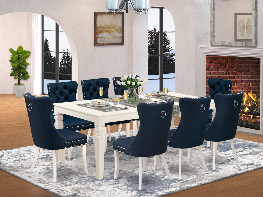 East West Furniture LGDA9-LWH-29 9 Piece Dining Table Set Includes a Rectangle Wooden Table with Butterfly Leaf and 8 Upholstered Chairs, 42x84 Inch, linen white