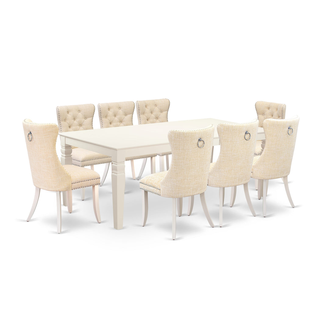 East West Furniture LGDA9-LWH-32 9 Piece Dining Table Set Includes a Rectangle Kitchen Table with Butterfly Leaf and 8 Padded Chairs, 42x84 Inch, linen white