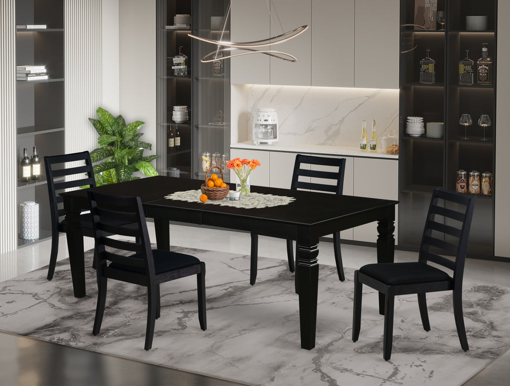 East West Furniture LGX15-BLK-24 -5 Piece Dining Set Includes a Rectangular Kitchen Table with Black Tabletop and 4 Stackable Linen Fabric Chairs, Black