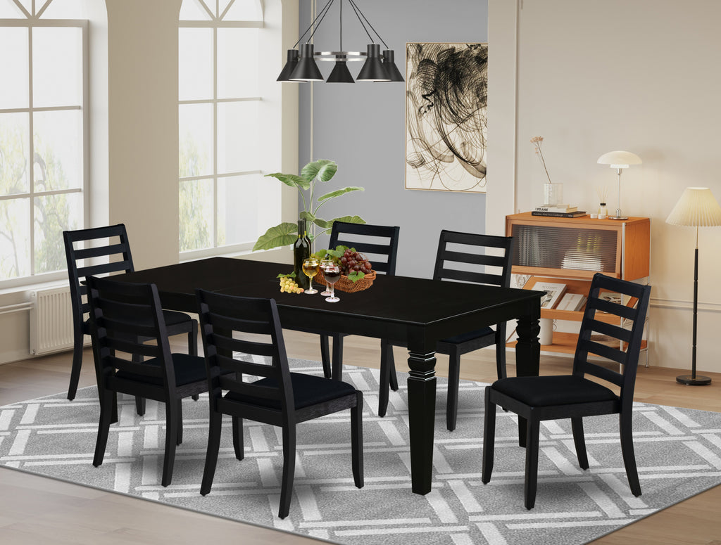 East West Furniture LGX17-BLK-24 -7 Piece Dining Set Includes a Rectangular Kitchen Table with Black Tabletop and 6 Stackable Linen Fabric Chairs, Black