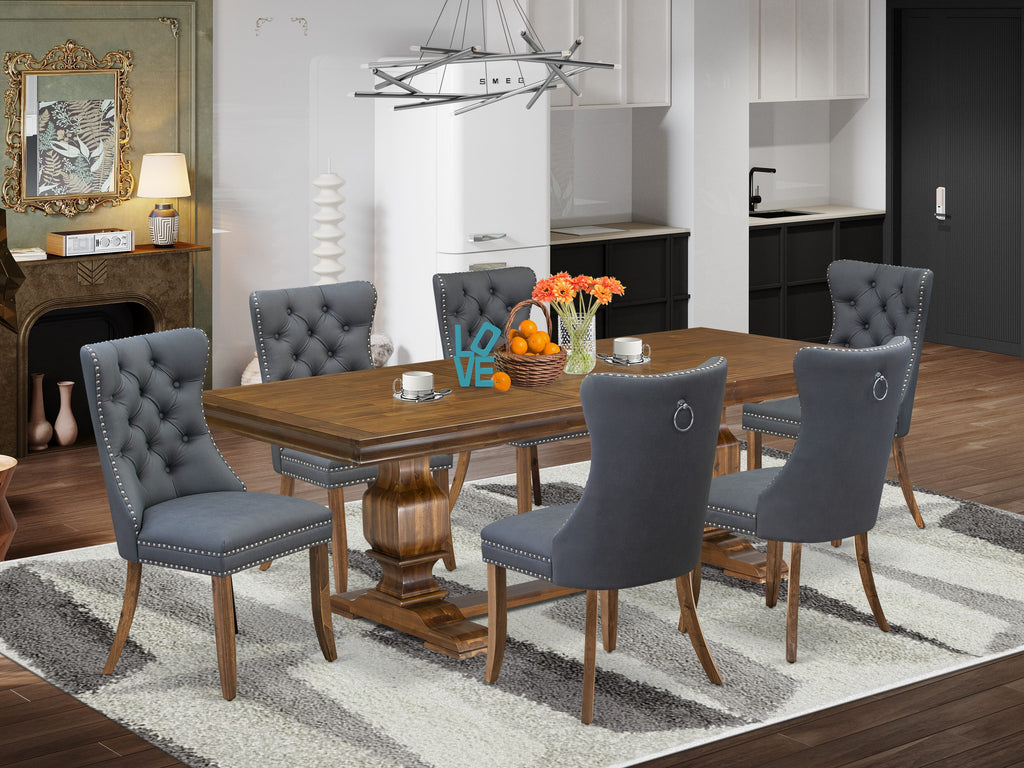 Luxe by East West Furniture LKDA7-AWA-13 7-piece Dining room Set consists of a Kitchen Table and 6 Platinum Gray PU Leather Dinner Chairs with Button tufted Back - Antique Walnut Finish