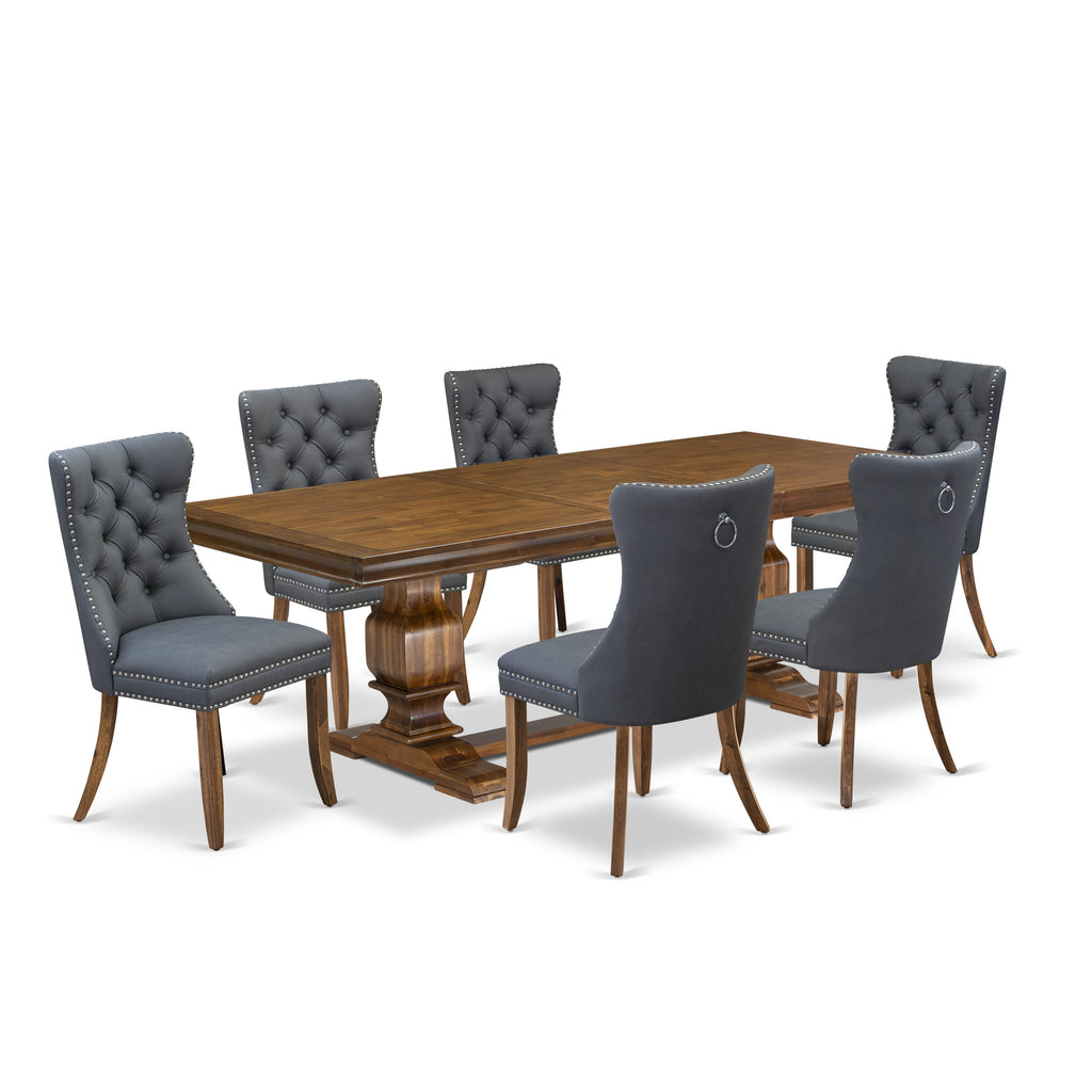 Luxe by East West Furniture LKDA7-AWA-13 7-piece Dining room Set consists of a Kitchen Table and 6 Platinum Gray PU Leather Dinner Chairs with Button tufted Back - Antique Walnut Finish