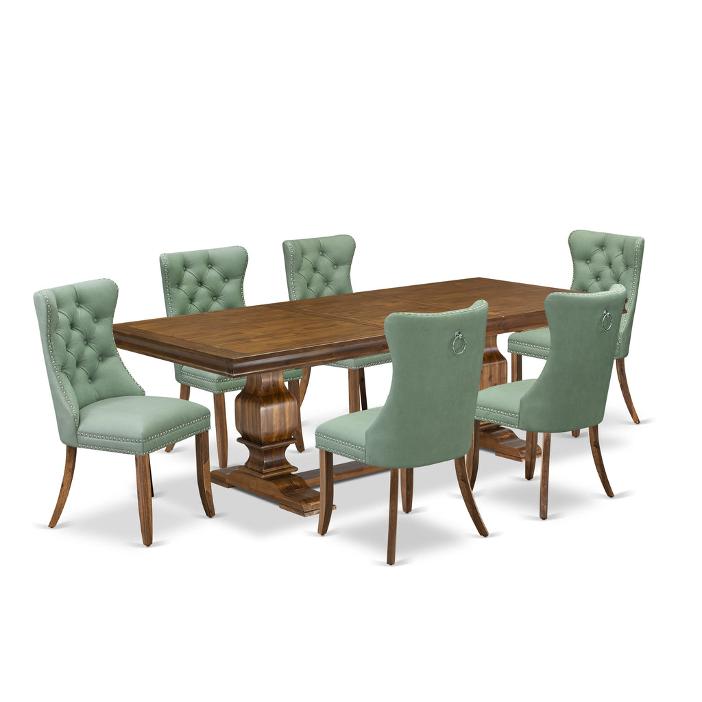 Luxe by East West Furniture LKDA7-AWA-22 7-piece Kitchen Table Set includes a Dining Table and 6 Willow Green PU Leather Dinner Chairs with Button tufted Back - Antique Walnut Finish