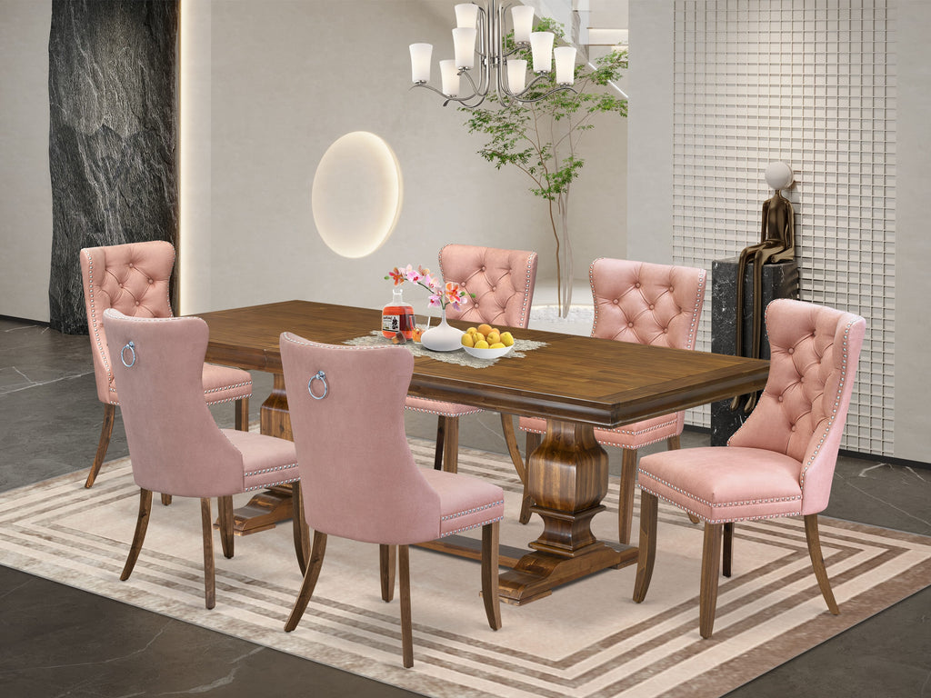 Luxe by East West Furniture LKDA7-AWA-23 7-piece Dining Table Set consists of a Kitchen Table and 6 Beige Red Faux Leather Modern Dining Chairs with Button tufted Back - Antique Walnut Finish