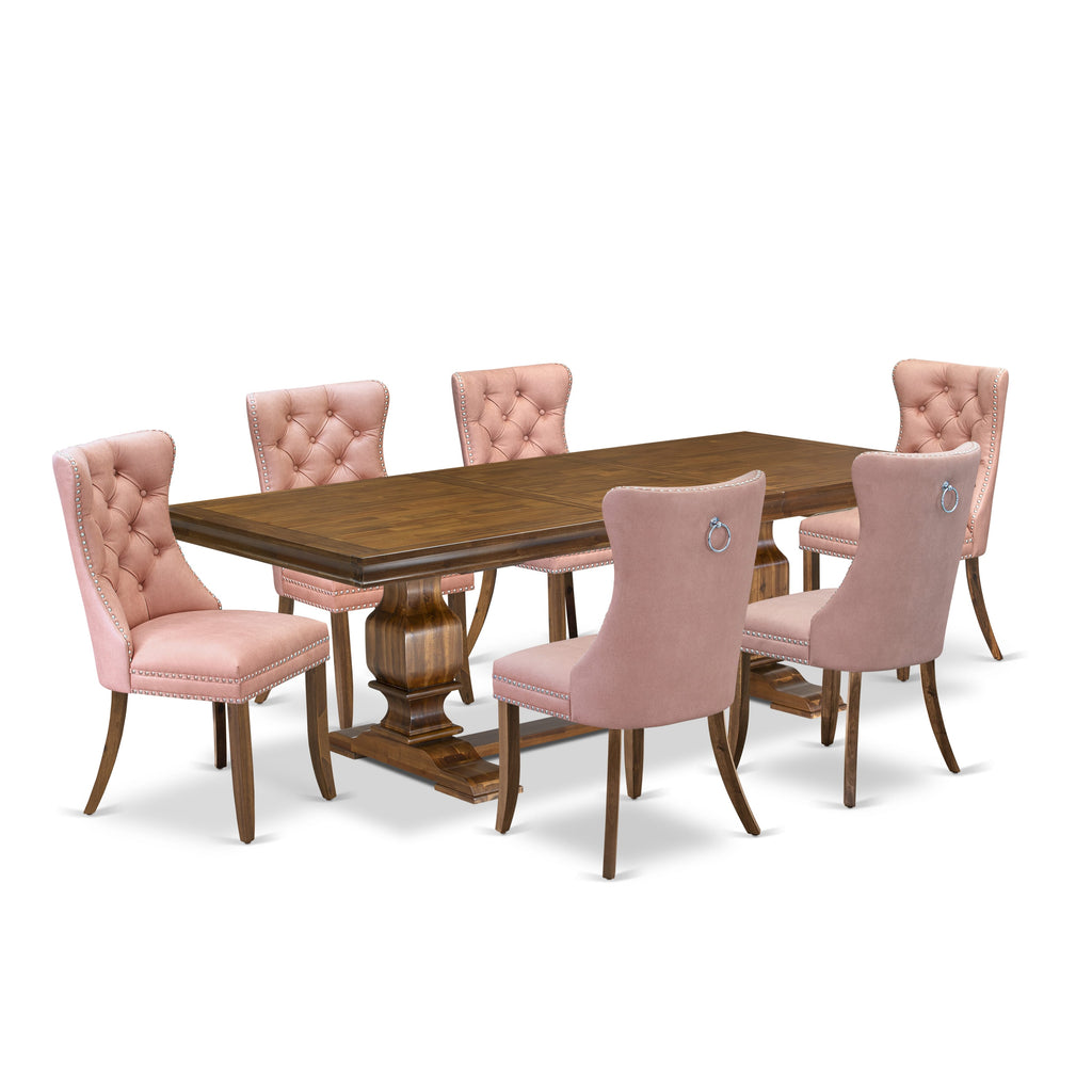 Luxe by East West Furniture LKDA7-AWA-23 7-piece Dining Table Set consists of a Kitchen Table and 6 Beige Red Faux Leather Modern Dining Chairs with Button tufted Back - Antique Walnut Finish