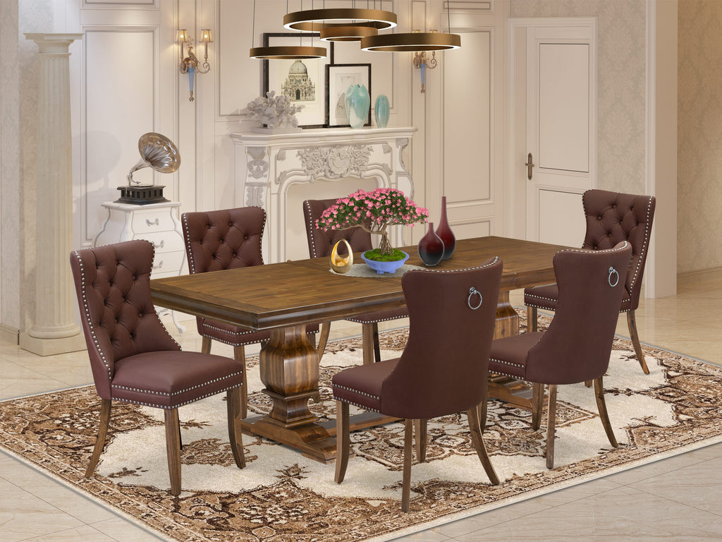 Luxe by East West Furniture LKDA7-AWA-26 7-piece Modern Dining Table Set consists of a Kitchen Table and 6 Burgundy Faux Leather Dinner Chairs with Button tufted Back - Antique Walnut Finish