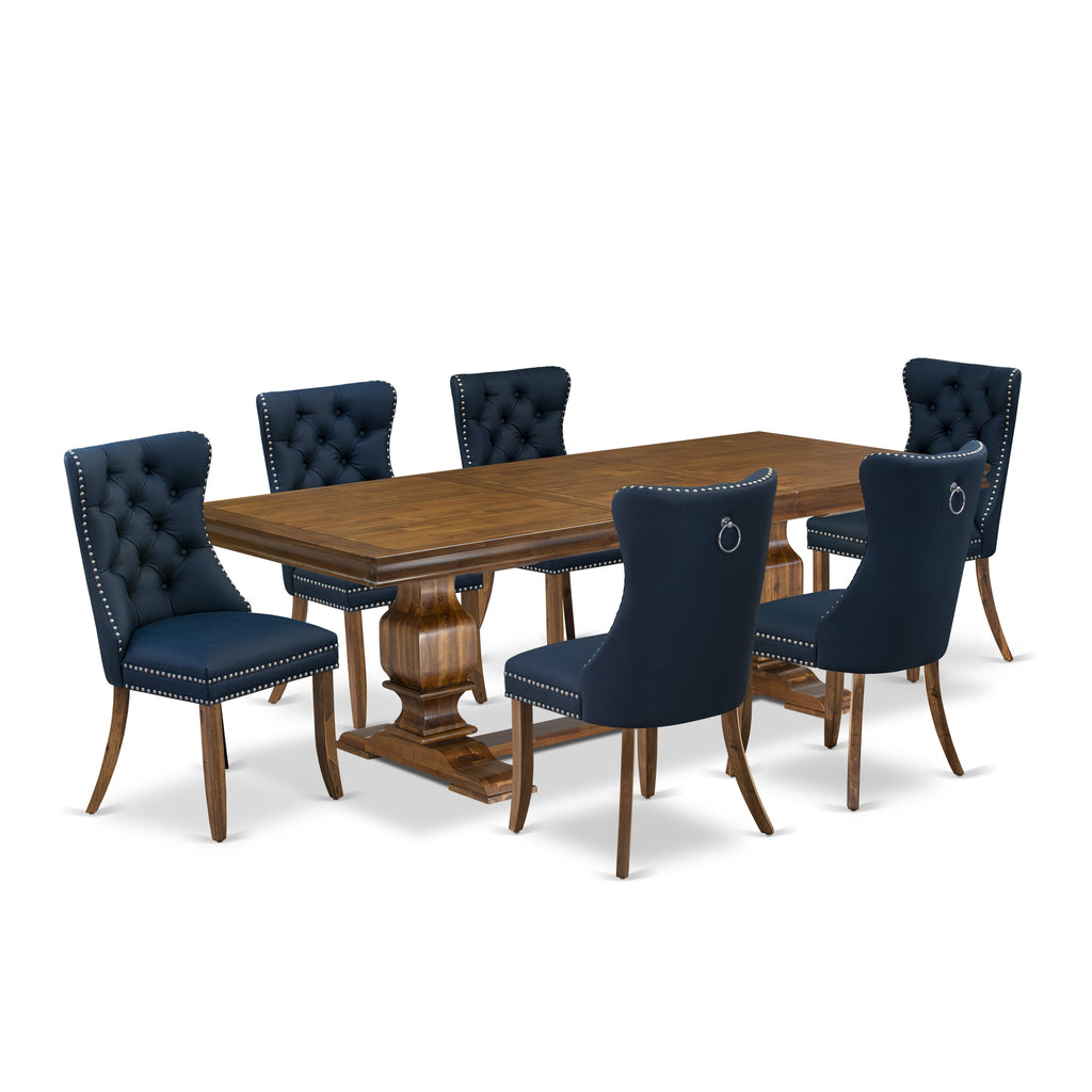 Luxe by East West Furniture LKDA7-AWA-29-7 Pieces Dining Set Contains a Rectangle Kitchen Table and 6 Navy Blue Faux Leather Modern Chairs, Antique Walnut