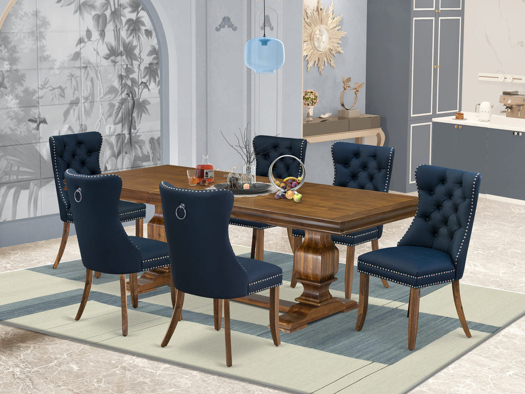 Luxe by East West Furniture LKDA7-AWA-29-7 Pieces Dining Set Contains a Rectangle Kitchen Table and 6 Navy Blue Faux Leather Modern Chairs, Antique Walnut