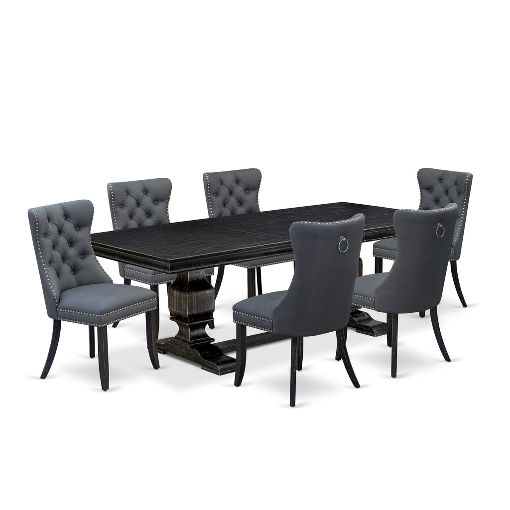 Luxe by East West Furniture LKDA7-SBB-13 7 Pieces Dining Set Contains a Rectangle Kitchen Table and 6 Platinum Gray Faux Leather Modern Chairs, Sand Blasting Black
