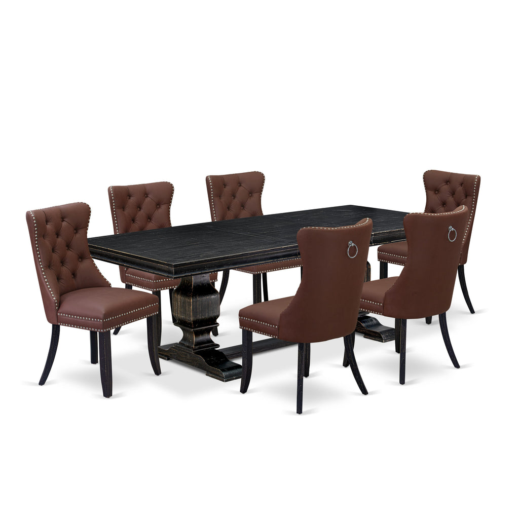 Luxe by East West Furniture LKDA7-SBB-26 - 7-piece dining room set includes a dining table and 6 Burgundy Faux Leather dining room Chairs with Button Tufted Chair Back - Sand Blasting Black Finish