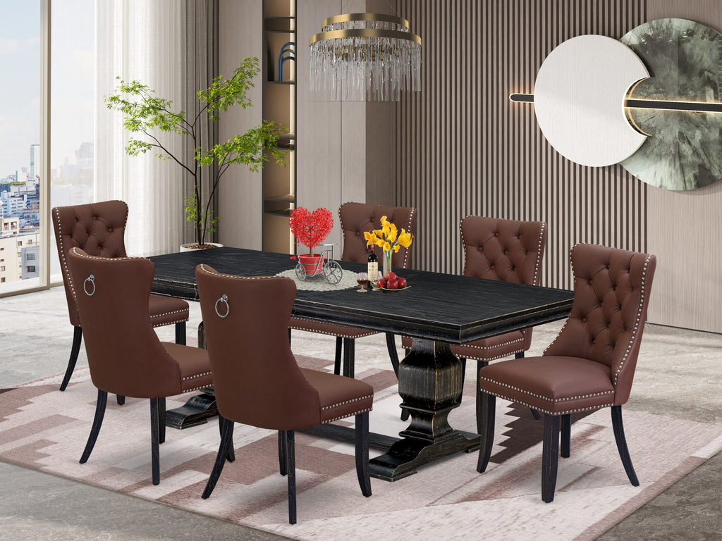 Luxe by East West Furniture LKDA7-SBB-26 - 7-piece dining room set includes a dining table and 6 Burgundy Faux Leather dining room Chairs with Button Tufted Chair Back - Sand Blasting Black Finish