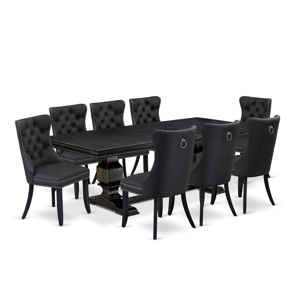 Luxe by East West Furniture LKDA9-SBB-12 9 Pieces Dining Table Set Includes a Rectangle Table and 8 Dark Gray Faux Leather Dining Chairs, Sand Blasting Black