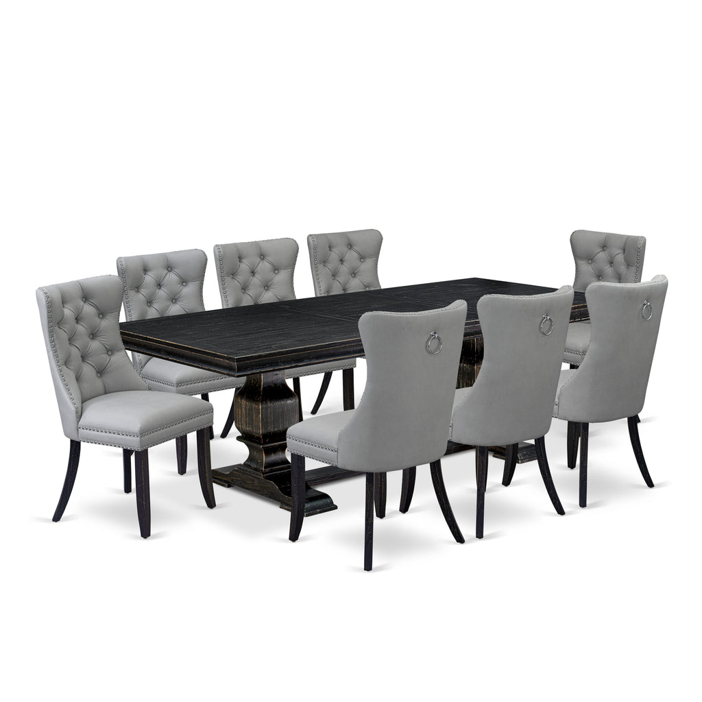 Luxe by East West Furniture LKDA9-SBB-27 - 9-piece dining set includes a rectangular table and 8 Light Gray Faux Leather dining Chairs with Button Tufted Chair Back - Sand Blasting Black Finish.
