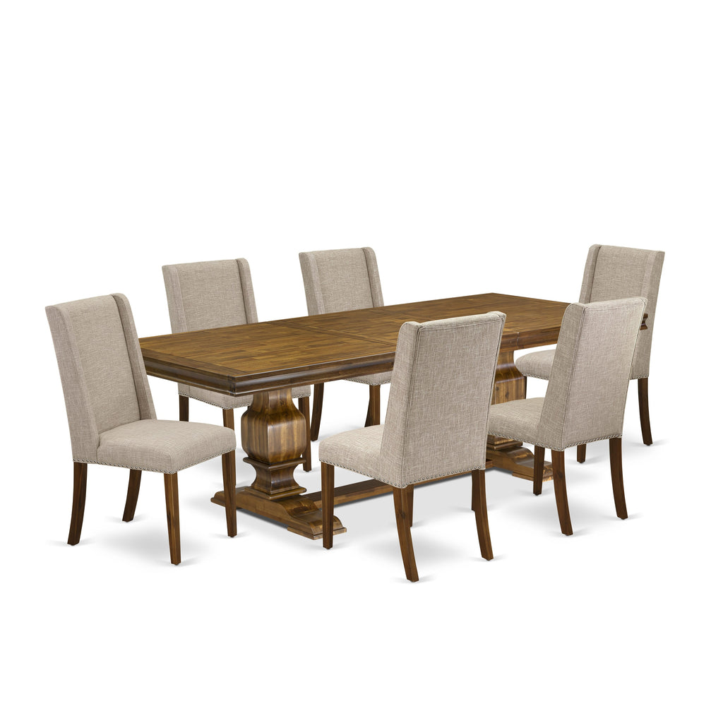 Luxe by East West Furniture LKFL7-AWA-04 - 7-piece dining table set consists of a dinner table and 6 Light Tan Linen Fabric upholstered chairs with Padded Chair Back - Antique Walnut Finish.
