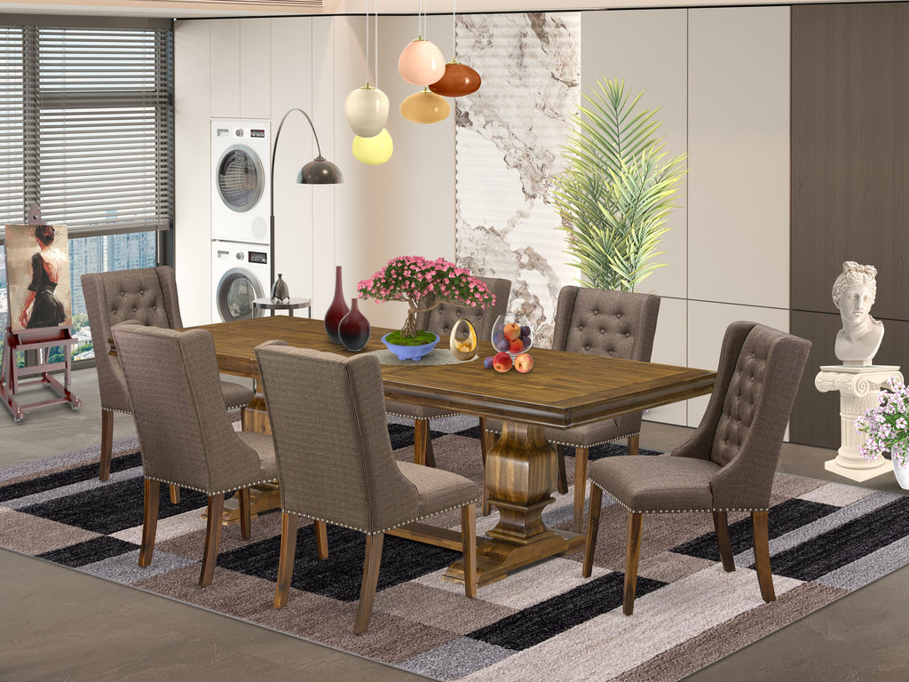Luxe by East West Furniture LKFO7-AWA-18 - 7-piece dining set consists of a dinner table and 6 Brown Linen Fabric kitchen chairs with Button Tufted Chair Back - Antique Walnut finish.