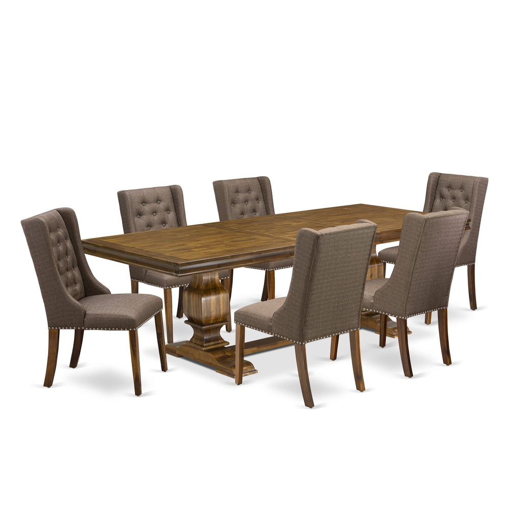 Luxe by East West Furniture LKFO7-AWA-18 - 7-piece dining set consists of a dinner table and 6 Brown Linen Fabric kitchen chairs with Button Tufted Chair Back - Antique Walnut finish.