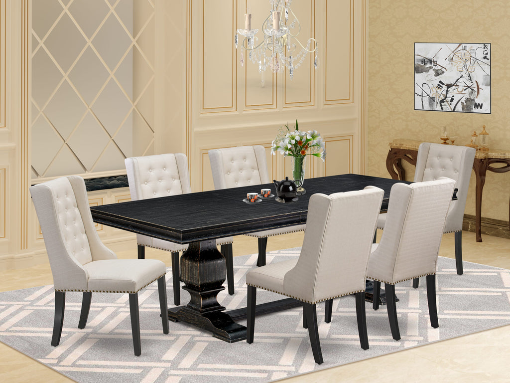 Luxe by East West Furniture LKFO7-SBB-01 - 7-piece dining room set includes a breakfast table and 6 Cream Linen Fabric parson chairs with Button Tufted Chair Back - Sand Blasting Black.