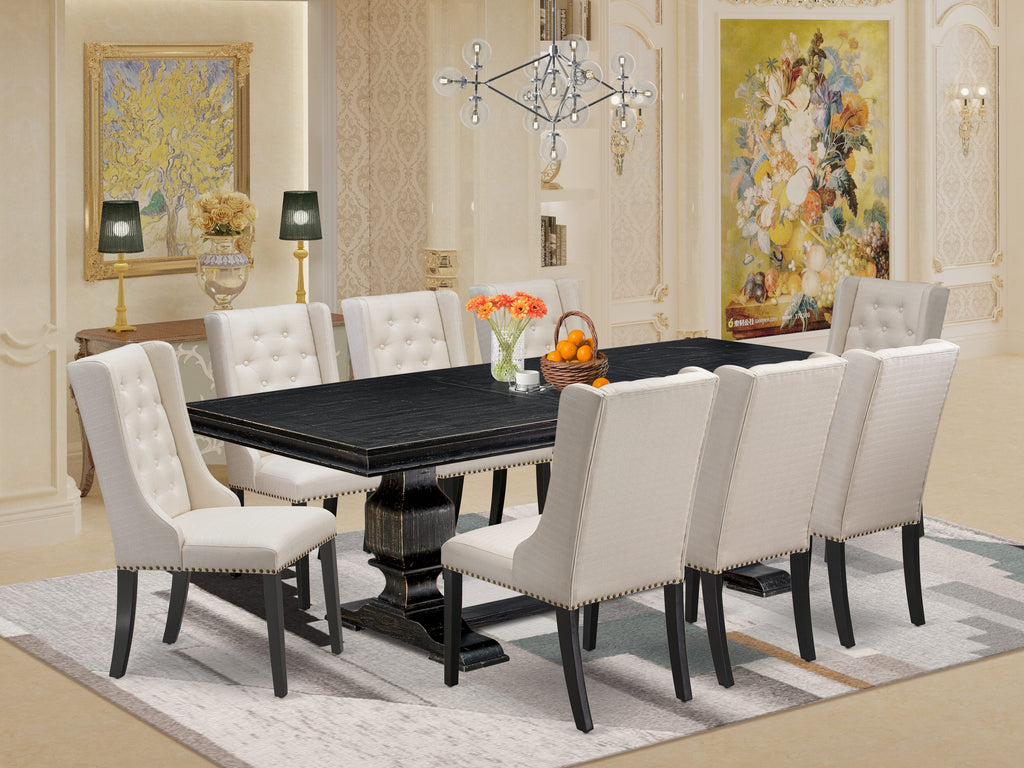 Luxe by East West Furniture LKFO9-SBB-01 - 9-piece modern dining set consists of a wooden table and 8 Cream Linen Fabric dining chairs with Button Tufted Chair Back - Sand Blasting Black.