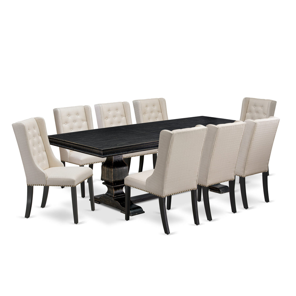 Luxe by East West Furniture LKFO9-SBB-01 - 9-piece modern dining set consists of a wooden table and 8 Cream Linen Fabric dining chairs with Button Tufted Chair Back - Sand Blasting Black.