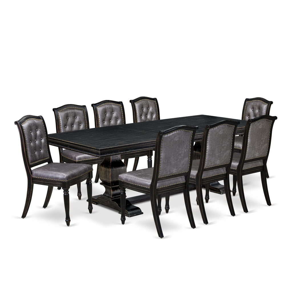 Luxe by East West Furniture - LKMA9-SBB-34 - 9-piece Modern Dining Table Set consists of a Wood Table and 8 Dark Grey PU Leather Dinning Chairs with Button Tufted Back - Sand Blasting Black Finish