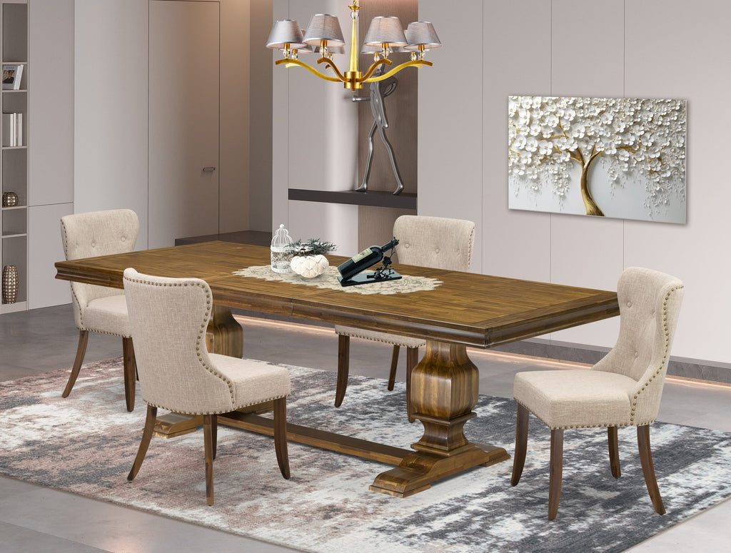 Luxe by East West Furniture - LKSI5-AWA-04 - 5-pc Mid Century Dining Set consists of a Modern Dining Table and 4 Light Tan Linen Fabric Modern Chairs with Button Tufted Back - Antique Walnut Finish