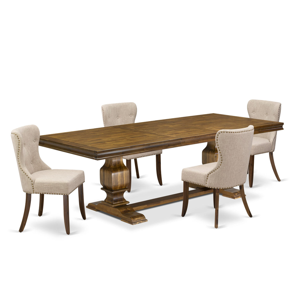 Luxe by East West Furniture - LKSI5-AWA-04 - 5-pc Mid Century Dining Set consists of a Modern Dining Table and 4 Light Tan Linen Fabric Modern Chairs with Button Tufted Back - Antique Walnut Finish