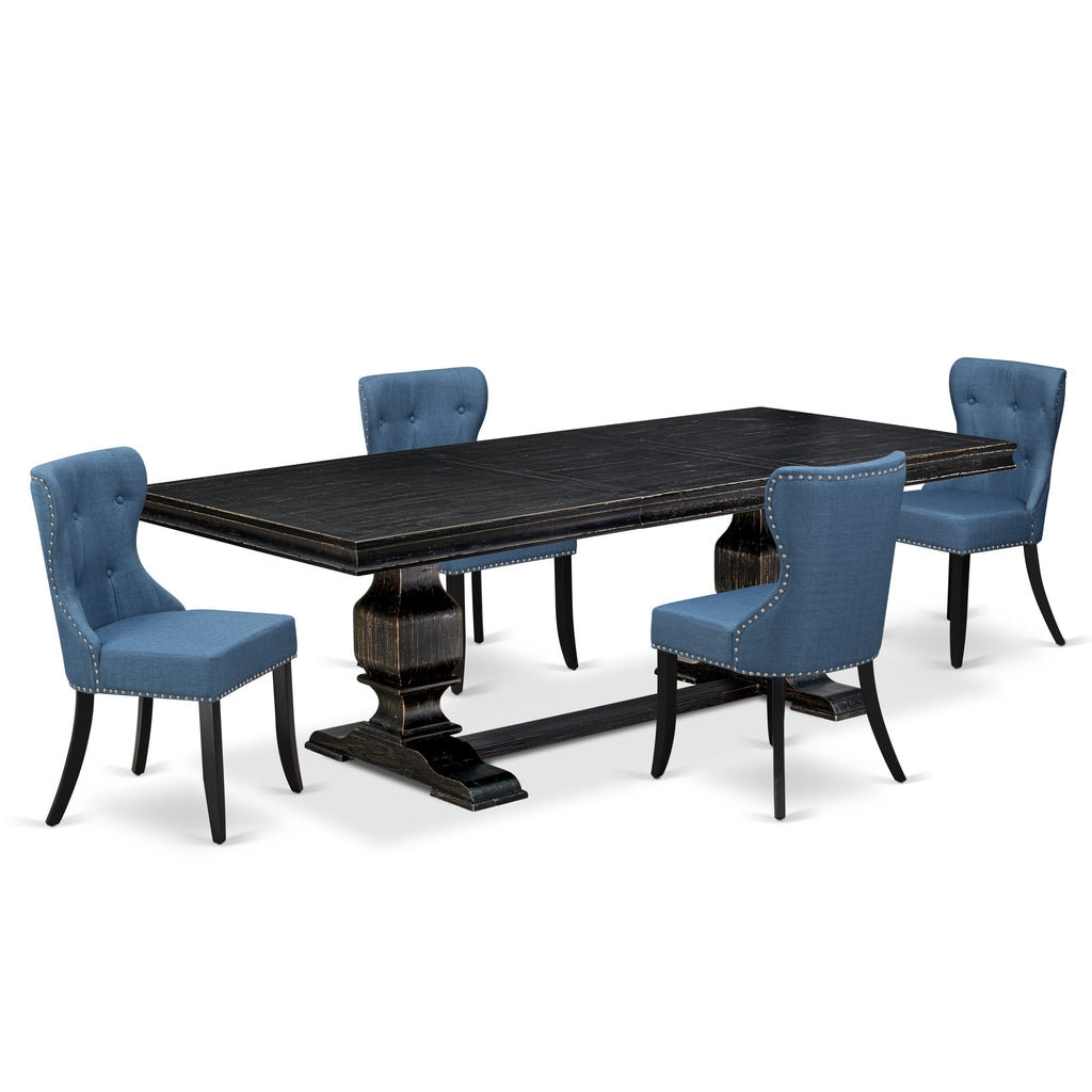 Luxe by East West Furniture - LKSI5-SBB-21 - 5-piece Dining Table Set consists of a Rectangular Dining Table and 4 Blue Linen Fabric Upholstered Chairs with Button Tufted Back - Sand Blasting Black