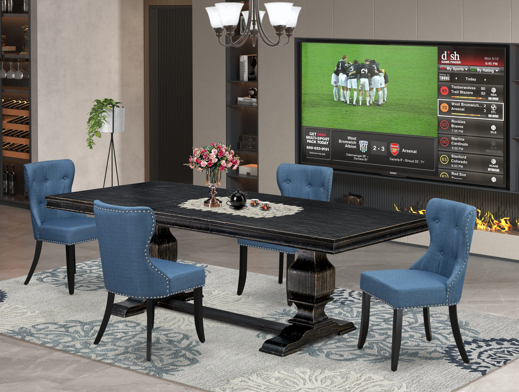 Luxe by East West Furniture - LKSI5-SBB-21 - 5-piece Dining Table Set consists of a Rectangular Dining Table and 4 Blue Linen Fabric Upholstered Chairs with Button Tufted Back - Sand Blasting Black