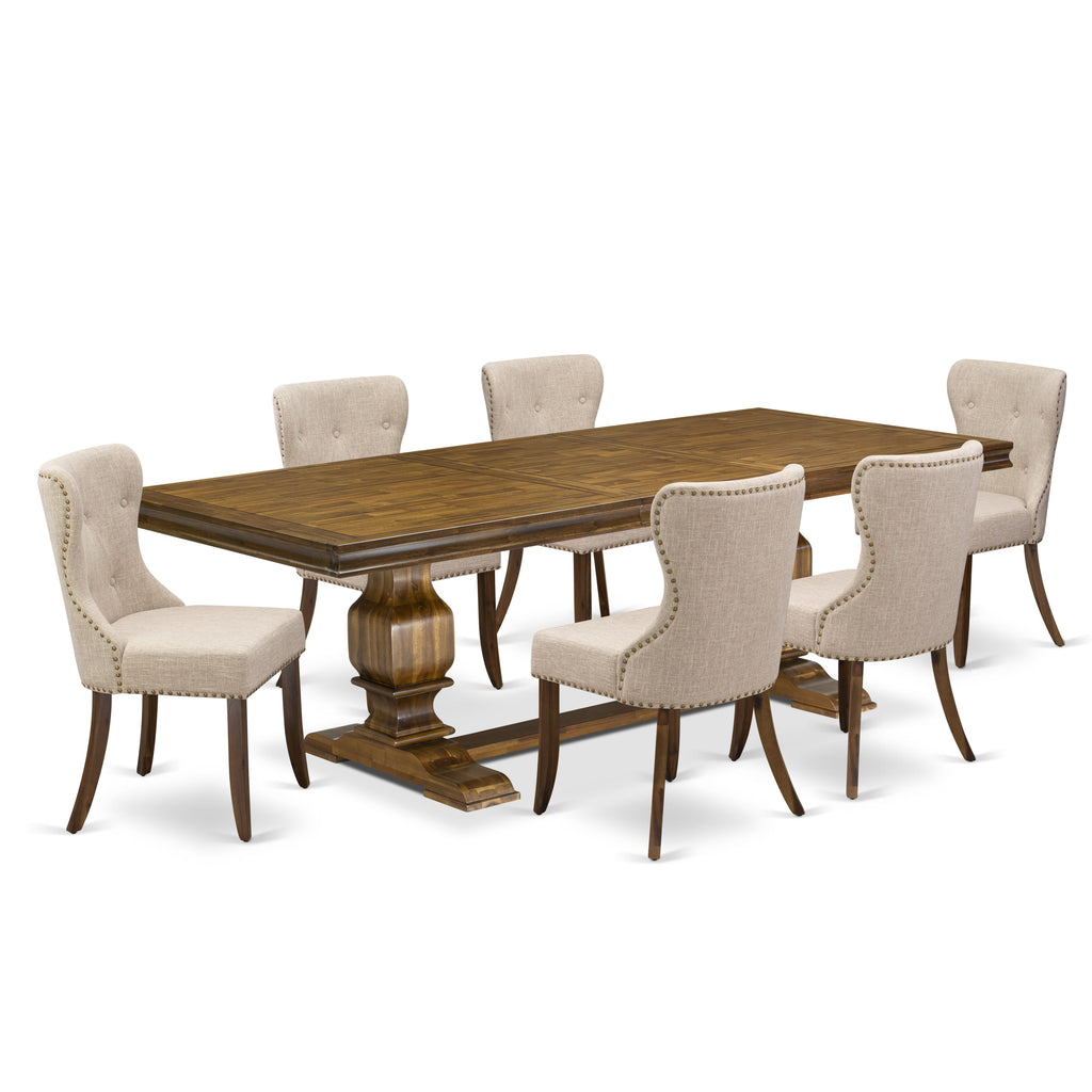 Luxe by East West Furniture - LKSI7-AWA-04 - 7-piece Modern Dining Set consists of a Wooden Table and 6 Light Tan Linen Fabric Modern Dining Chairs with Button Tufted Back - Antique Walnut Finish
