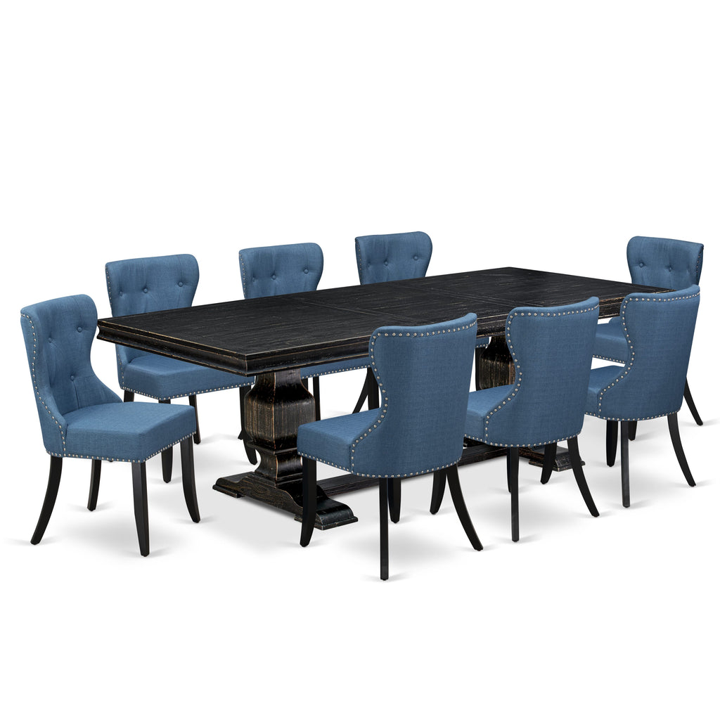 Luxe by East West Furniture - LKSI9-SBB-21 - 9-piece Mid Century Dining Set consists of a Rectangular Table and 8 Blue Linen Fabric Modern Chairs with Button Tufted Back - Sand Blasting Black Finish