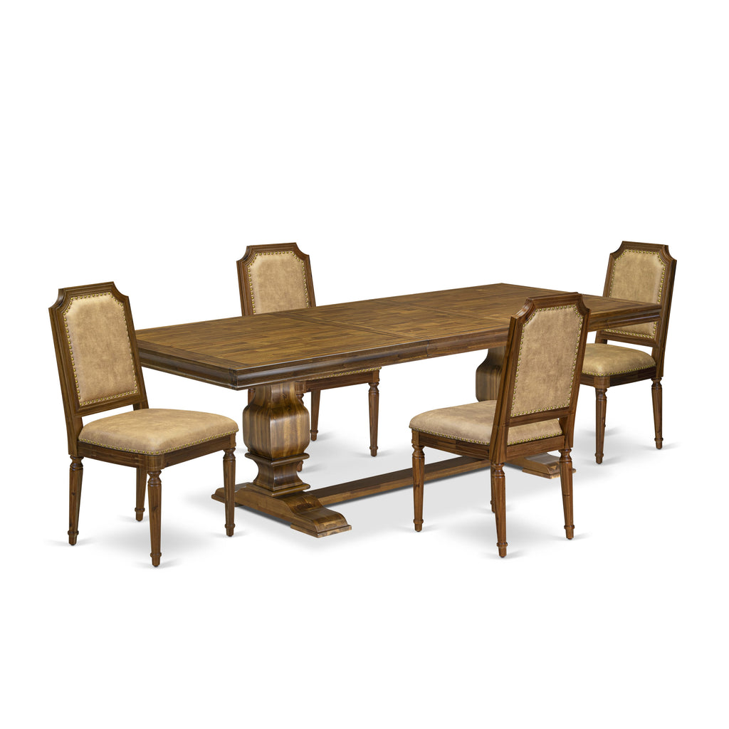 Luxe by East West Furniture LKTY5-AWA-28 5-piece Kitchen Table Set consists of a Dining Table and 4 Beige PU Leather Dinner Chairs with High Back-Antique Walnut Finish