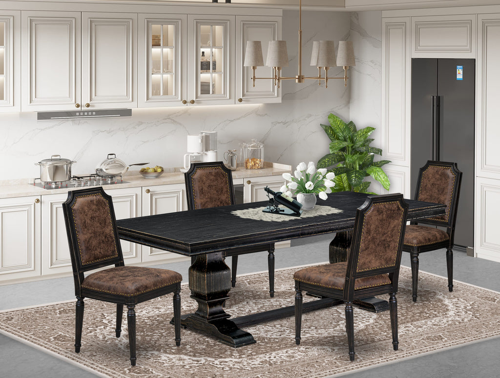 Luxe by East West Furniture LKTY5-SBB-33 5-piece Dining Room Set consists of a Kitchen Table and 4 Brown Textured PU Leather Dinner Chairs with High Back-Sand Blasting Black Finish