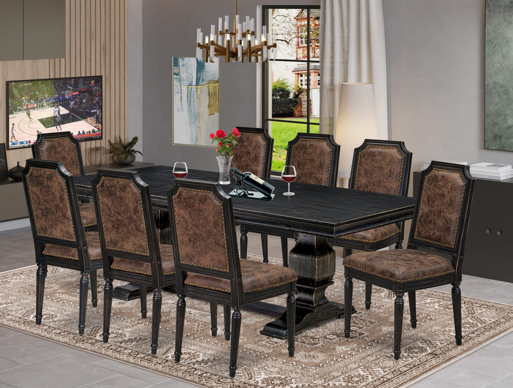 Luxe by East West Furniture LKTY9-SBB-33 9-piece Dining Table Set consists of a Kitchen Table and 8 Brown Textured PU Leather Dining Chairs with High Back-Sand Blasting Black Finish