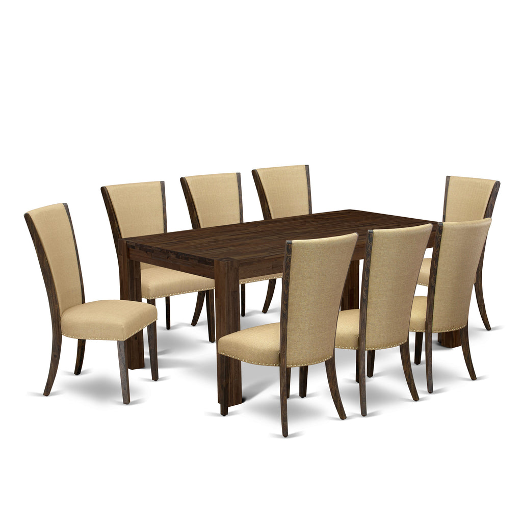 East West Furniture LMVE9-77-03 9 Piece Dining Table Set Includes a Rectangle Rustic Wood Kitchen Table and 8 Brown Linen Fabric Parson Dining Chairs, 40x72 Inch, Jacobean