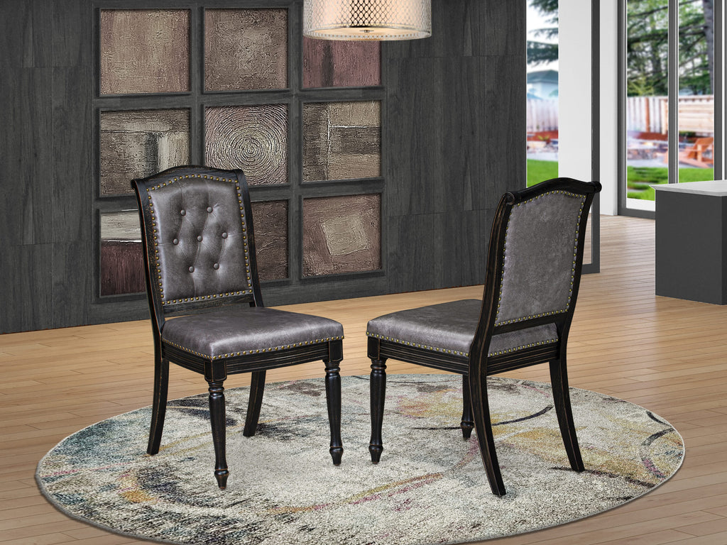 Luxe by East West Furniture - NKMA7-SBB-34 - 7-piece Mid Century Dining Table Set consists of a Dining Table and 6 Dark Grey PU Leather Chairs with Button Tufted Back - Sand Blasting Black Finish