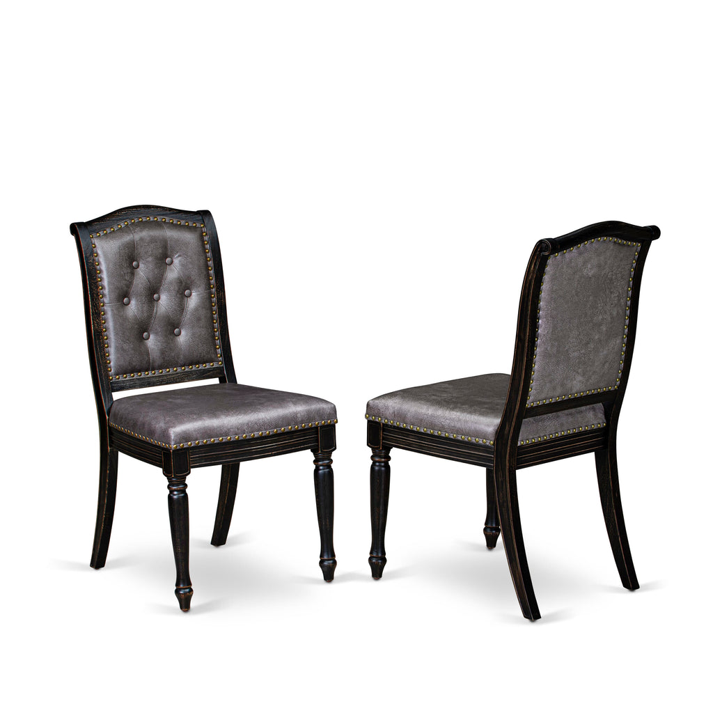 Luxe by East West Furniture - NKMA7-SBB-34 - 7-piece Mid Century Dining Table Set consists of a Dining Table and 6 Dark Grey PU Leather Chairs with Button Tufted Back - Sand Blasting Black Finish