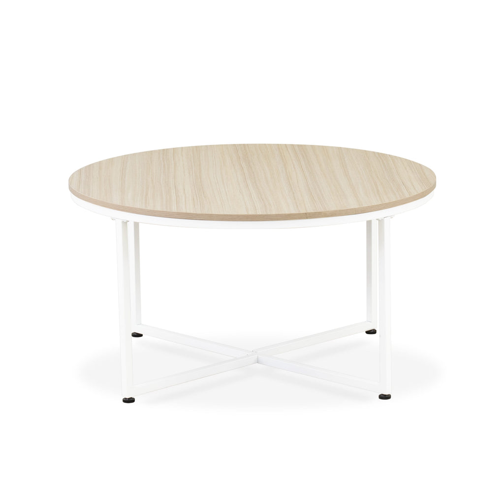 East West Furniture MDCTW02 - Madison Round Coffee Table for Living Room, Mid Century Modern Coffee Table in Powder Coating Linen white Color and Linen white Wood Laminate
