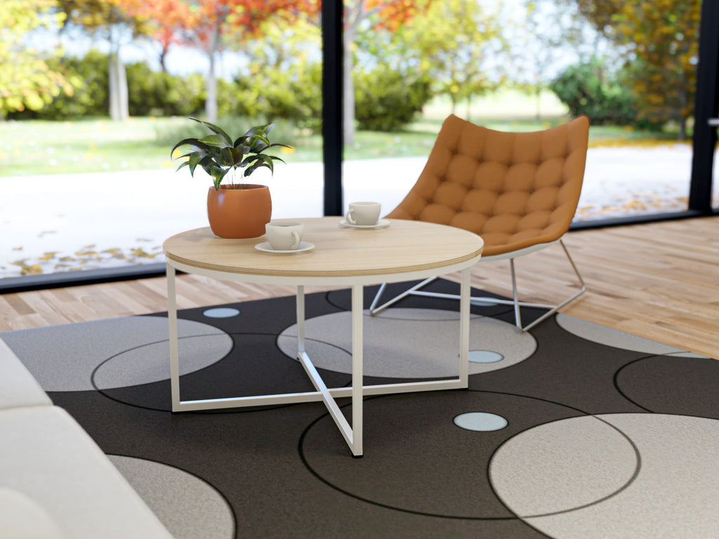East West Furniture MDCTW02 - Madison Round Coffee Table for Living Room, Mid Century Modern Coffee Table in Powder Coating Linen white Color and Linen white Wood Laminate