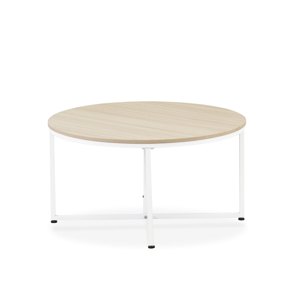 East West Furniture MDCTW02 - Madison Round Coffee Table for Living Room, Mid Century Modern Coffee Table in Powder Coating Linen white Color and Linen white Wood Laminate