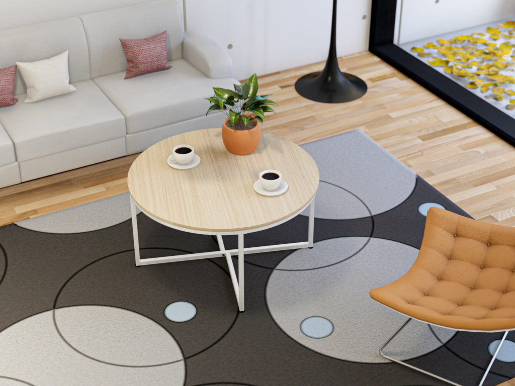 East West Furniture MDCTW02 - Madison Round Coffee Table for Living Room, Mid Century Modern Coffee Table in Powder Coating Linen white Color and Linen white Wood Laminate