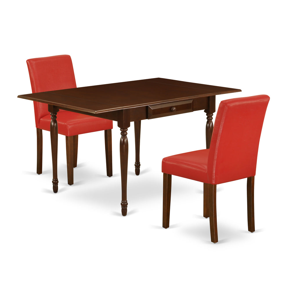 East West Furniture 1MZAB3-MAH-72 3 Piece Dining Table Set Contains a Rectangle Dining Room Table with Dropleaf and 2 Firebrick Red Faux Leather Upholstered Chairs, 36x54 Inch, Mahogany