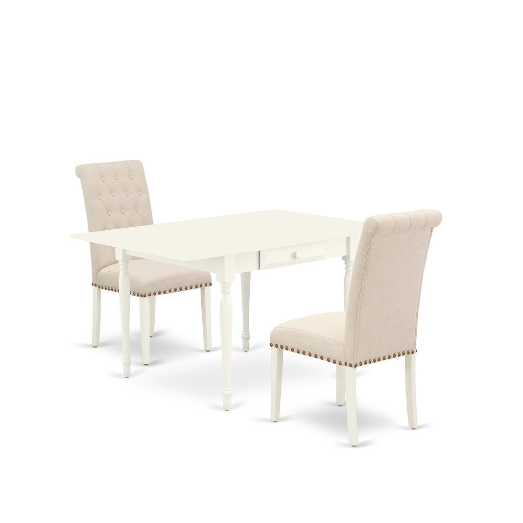 East West Furniture 1MZBR3-LWH-02 3 Piece Dining Room Furniture Set Contains a Rectangle Dining Table with Dropleaf and 2 Light Beige Linen Fabric Upholstered Chairs, 36x54 Inch, Linen White