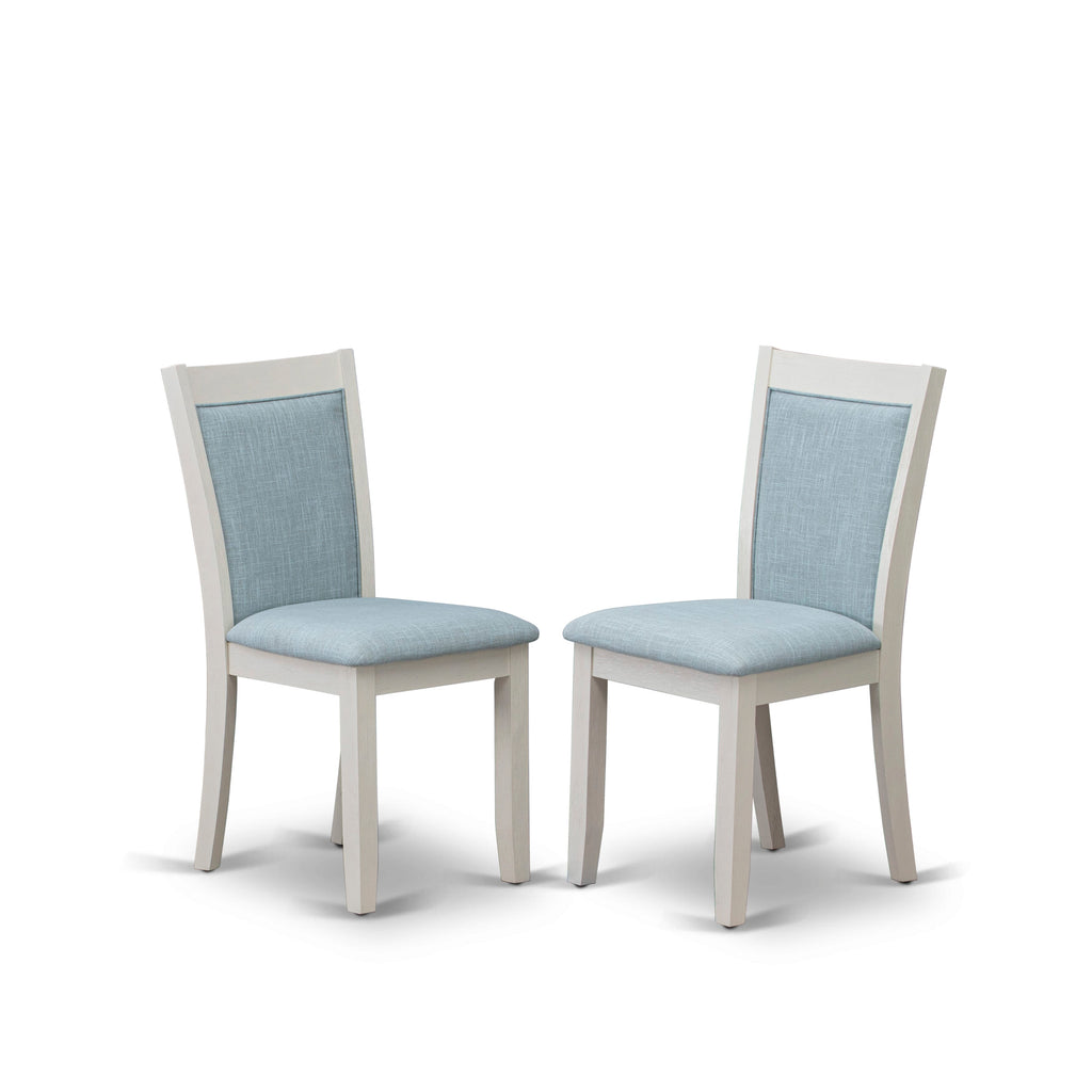 East West Furniture MZC0T15 Monza Dining Room Chairs Set of 2 - Baby Blue Linen Fabric Seat and High Chair Back - Wire Brushed linen white Finish (SET OF 2)